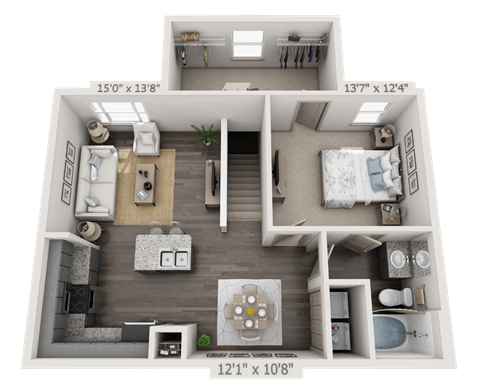 Floor plan for 1 bed, 1 bath, 887 sqft